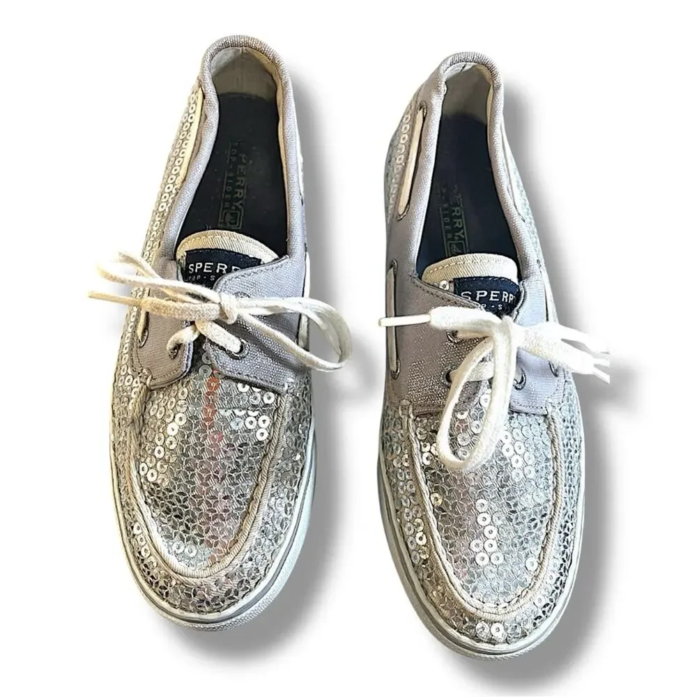 SPERRY TOP SIDERS Silver Sequin and Ivory or beige SZ 7.5